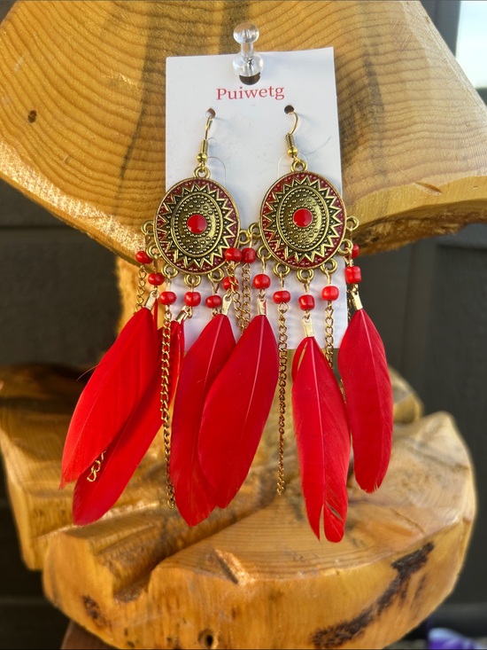puiwetg Jewelry - Red Feather Drop Earrings with Gold Medallions